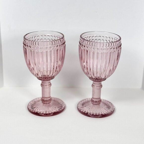 Rosanna Wine Glasses Set of 2 8 OZ Pink Thick Glass Fancy French Country Boho - Picture 4 of 8